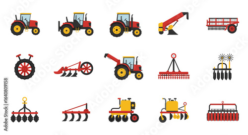 Colorful farming equipment collection featuring modern agricultural machines and tools