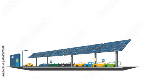 Eco-friendly electric car charging station with solar panels and parking area