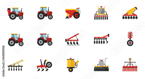 Modern agricultural equipment set featuring colorful farm machinery icons