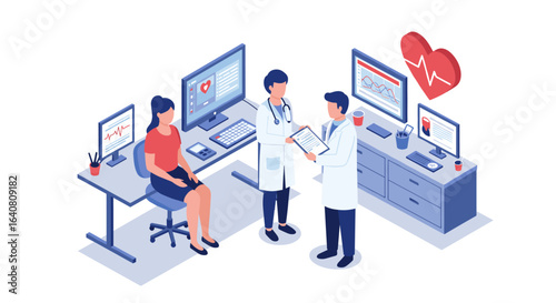 Modern isometric healthcare consultation in medical office with heart monitoring