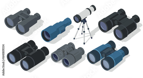 Isometric binoculars and telescope collection: modern optical devices in various colors