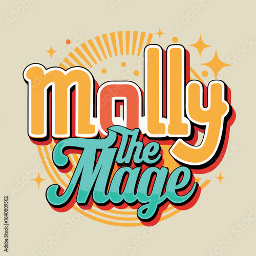 Unique design featuring the text Molly the Mage in vibrant colors with a fun, playful style