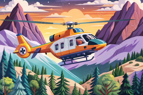 Air ambulance flying fast toward mountain rescue site, emergency medical transport, rapid response missions, alpine rescue operations, and high-altitude aviation safety visual