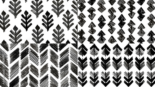Set of hand-drawn black and white geometric patterns featuring arrow and leaf-inspired shapes in bold, repetitive designs.