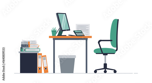 Minimalist office workspace with desk chair and computer in modern flat design