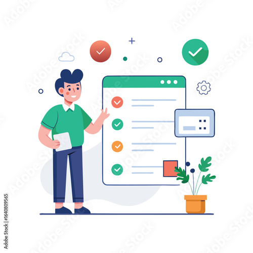 Man reviews checklist with completed tasks and progress indicators
