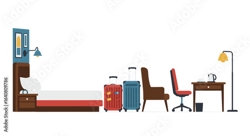 Minimalist hotel room interior with furniture and luggage arrangement