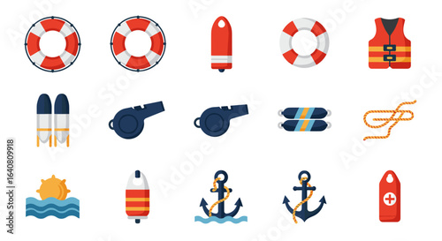 Nautical safety equipment icons: lifebuoy, life jacket, whistle, and more
