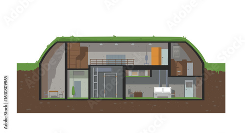 Underground shelter cross-section with modern interiors and facilities