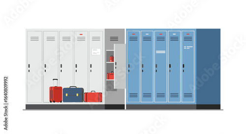 Colorful flat design lockers with luggage in modern interior setting