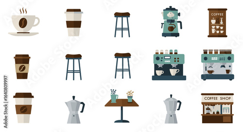 Coffee shop essentials collection featuring modern flat design elements