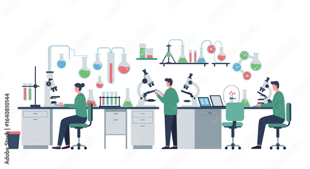 Fototapeta premium Modern flat style science lab with researchers and equipment in action