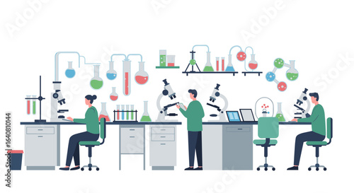 Modern flat style science lab with researchers and equipment in action