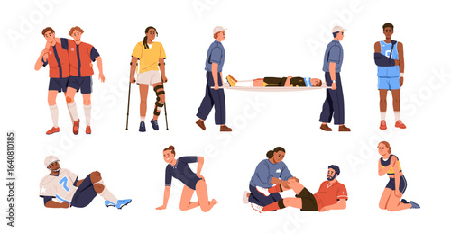 Sports injuries and traumas set. Athletes with pain, sprain, stretch, muscle strain and physical hurt, broken leg, fracture after accident. Flat vector illustration isolated on white background