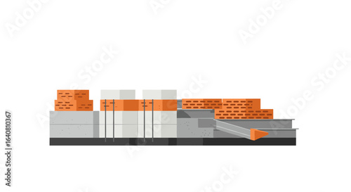 Isometric construction materials overview with bricks and cement blocks on white background