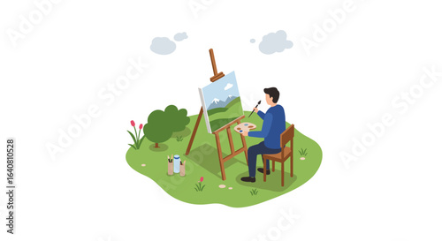 Artist painting landscape on easel in tranquil outdoor setting