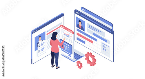 Isometric virtual team collaboration with digital profiles and data analysis charts