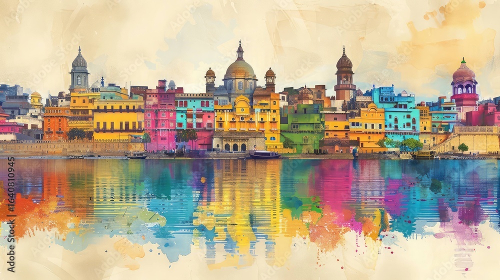 Obraz premium A vibrant watercolor painting of a colorful cityscape along a river. The buildings feature various hues, reflecting in the water. The scene captures a lively atmosphere.