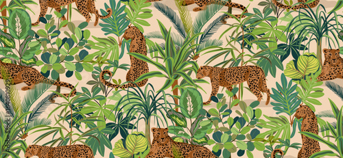 Bright vector seamless pattern with colorful tropical plants and flowers, palm leaves. Cute botanical contemporary endless background. Hand drawn unique print