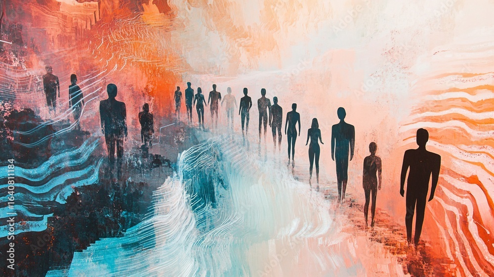 Obraz premium Artistic representation of human figures transitioning through abstract worlds