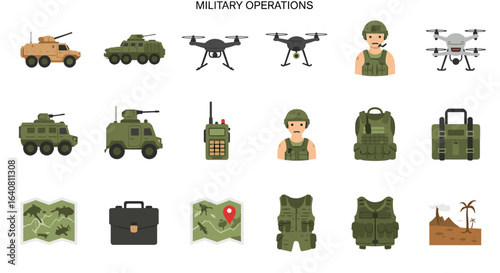 Military operations equipment and personnel in flat design featuring vehicles, drones, and communication gear
