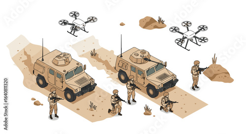 Isometric military vehicles and drones in desert scene with soldiers