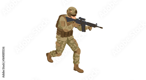 Isometric soldier in camouflage uniform with rifle on white background