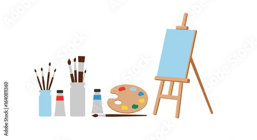 Art supplies with easel and paints in a clean minimal design
