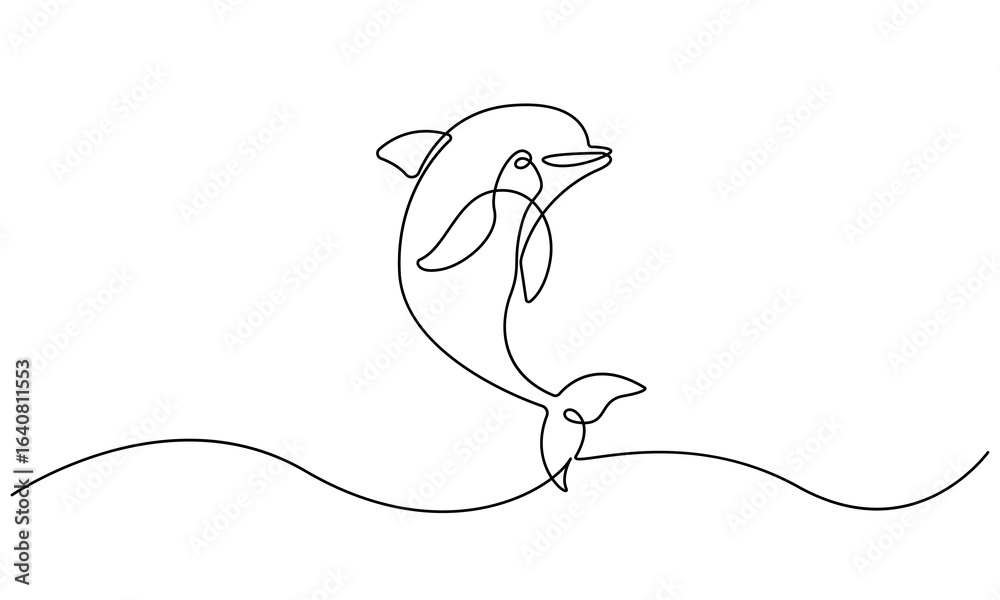 Obraz premium Dolphin Continuous One Line Drawing. Line Art Dolphin Jumping for Modern Minimalist Design. Editable Stroke. Sea Animal Simple Doodle Hand Drawn Vector Illustration