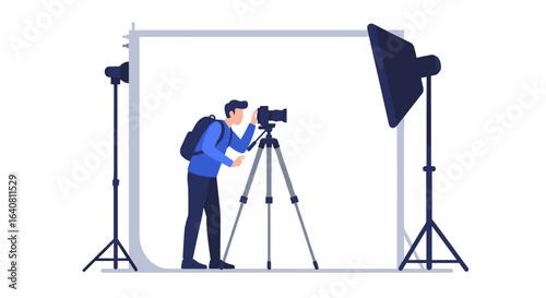 Photographer setting up equipment in studio with tripod and lighting setup