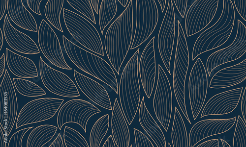 Art Deco Leaf Pattern. Hand Drawn Floral Line Art Wallpaper. Luxury Linear Botanical Vector Illustration. Leaves Print Template Decoration, Minimalist Elegant Background.