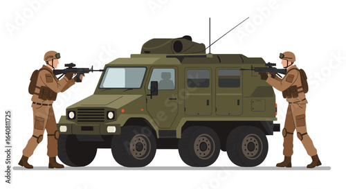 Military personnel in combat gear with armored vehicle in flat design