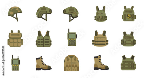 Collection of military equipment icons featuring helmets, vests, and boots in flat style