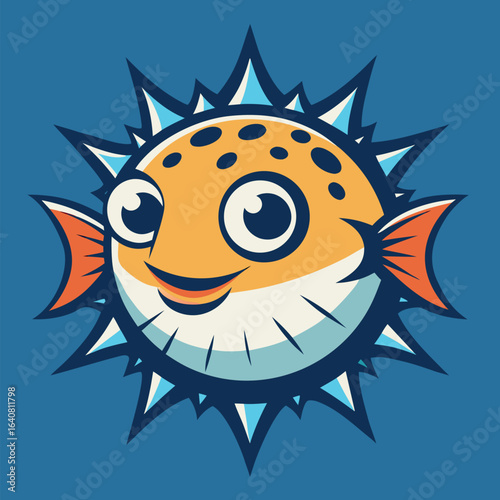 Cute cartoon puffer fish character with bright colors and cheerful expression, suitable for children's design