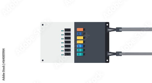 Modern flat design network patch panel with colorful cables on white background