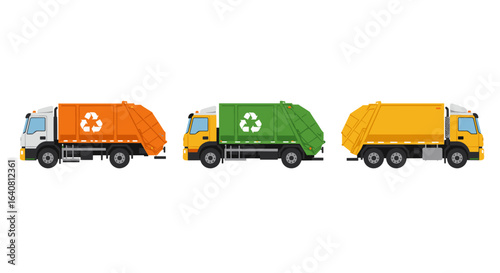 Colorful recycling trucks in flat design set on white background
