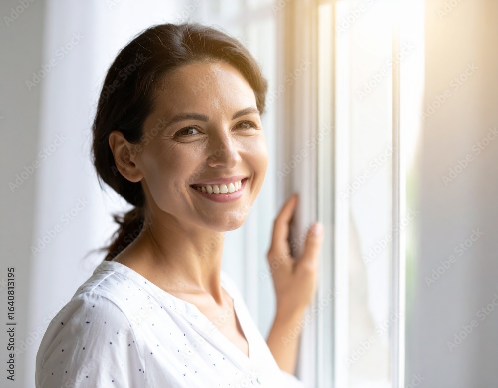Smiling Woman by Window: Natural Light, Authentic Portrait Smiling Woman by Window: Natural Light, Authentic Portrait