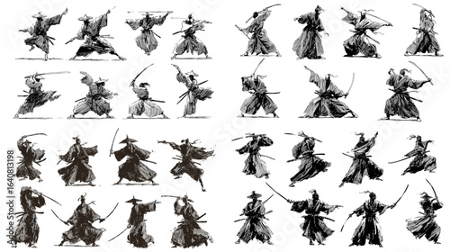 Dynamic collection of samurai warriors in traditional attire performing various sword fighting poses, drawn in expressive black ink style.