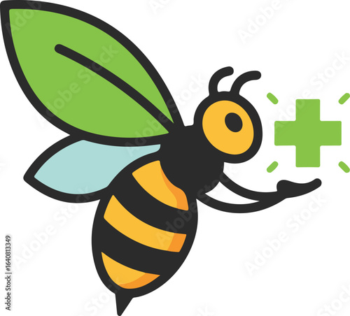 Cheerful Cartoon Bee Holding Green Medical Cross Icon