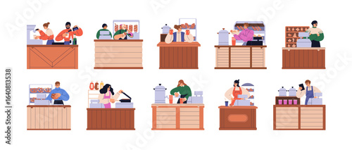 Street food and drinks, outdoor stalls with vendors at counters. Sellers selling and cooking snacks, bakery and coffee at market stands, kiosks. Flat vector illustrations isolated on white background