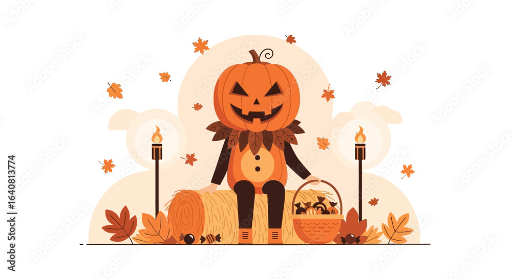 Fototapeta premium Pumpkin-headed person on a haystack with torches and falling leaves celebrates halloween holiday theme