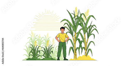 Proud Farmer Standing Guard In The Sugarcane Field Illustration