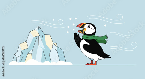 Puffin Enjoying Winter Weather With Snowfall And Cold Wind Near An Iceberg