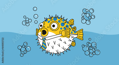 Pufferfish Ready For Business Cartoon Underwater Scene With Bubbles