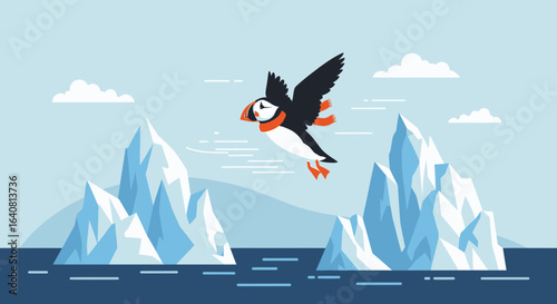 Puffin Flying Over Arctic Icebergs In Flat Vector Illustration Style