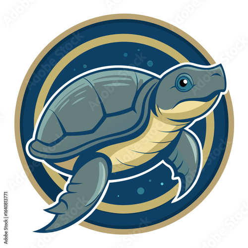 Colorful turtle illustration in a circular design featuring oceanic elements and vibrant colors