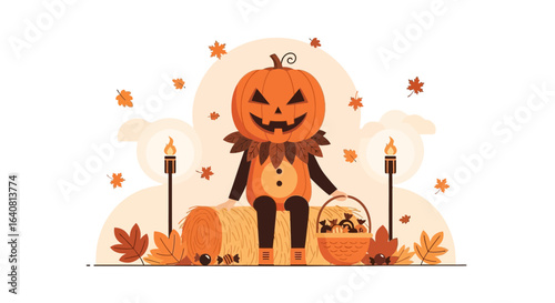 Pumpkin-headed person on a haystack with torches and falling leaves celebrates halloween holiday theme