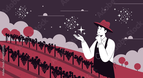 Vineyard Dreamer Contemplating Future Harvest Under Starry Night Sky In The Countryside