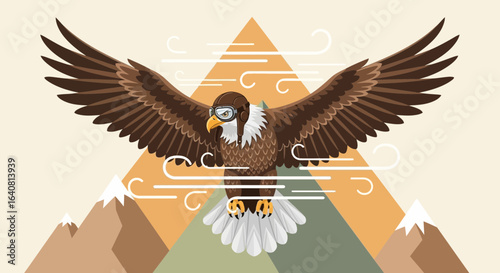 Soaring Bald Eagle Cartoonish Over Mountain Peaks Wearing Pilot Goggles Graphic