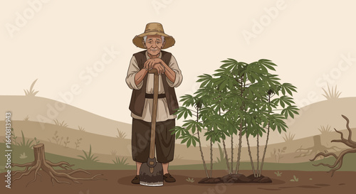Vintage Farming Illustration Old Farmer With Shovel Cassava Plantation Growing